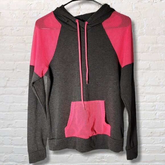 Material Girl Active Small neon pink and gray mesh sleeve and pocket sweater - Picture 1 of 6